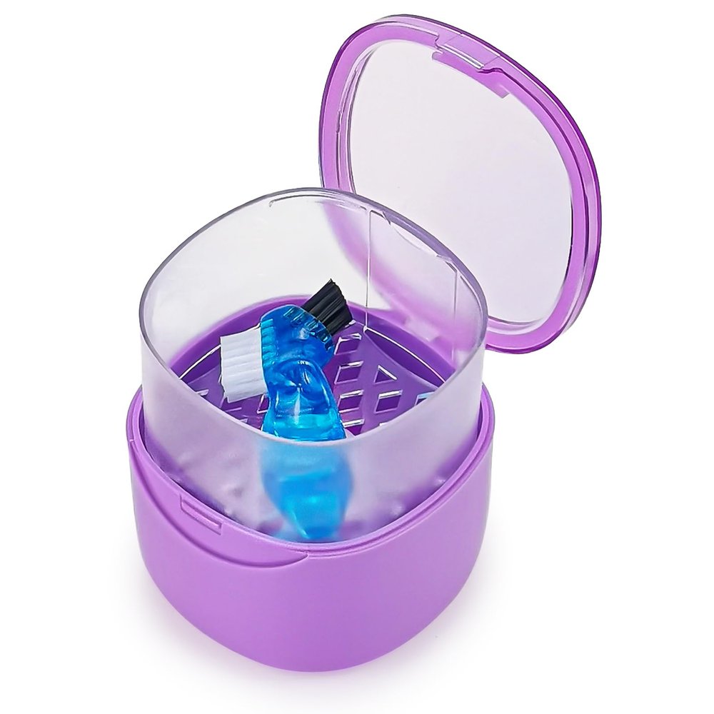 EZEELAI Purple Denture Cup Denture Bath Box Case with Lid Leakproof, Denture Holder Case Retainer Cleaning Container Mouth Guard Cleaner Case for Household, Travel, Office