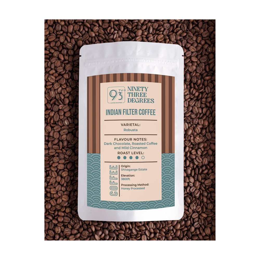 93 Degrees Coffee Roasters- Indian Filter Coffee, Medium Dark Freshly Roasterd 100% Robusta Coffee Turkish Grind - 250 g