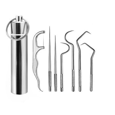 SHREESAMP Teeth Cleaner 7 Pieces Toothpick Set Reusable Tooth Stains Remover Dental Flossing Oral Cleaning Tool Digging Adult Picking Tools Keychain Braces Portable Metal Toothpicks