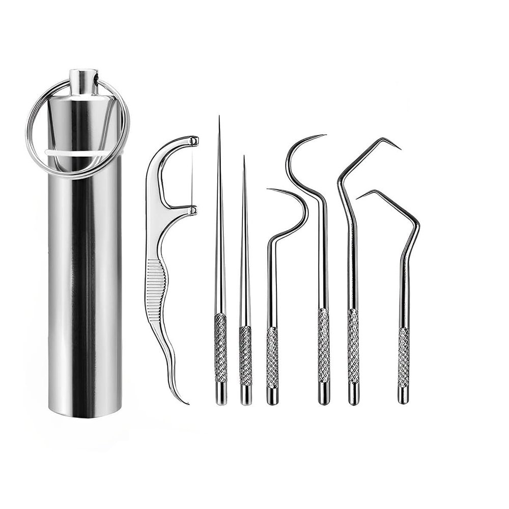 SHREESAMP Teeth Cleaner 7 Pieces Toothpick Set Reusable Tooth Stains Remover Dental Flossing Oral Cleaning Tool Digging Adult Picking Tools Keychain Braces Portable Metal Toothpicks