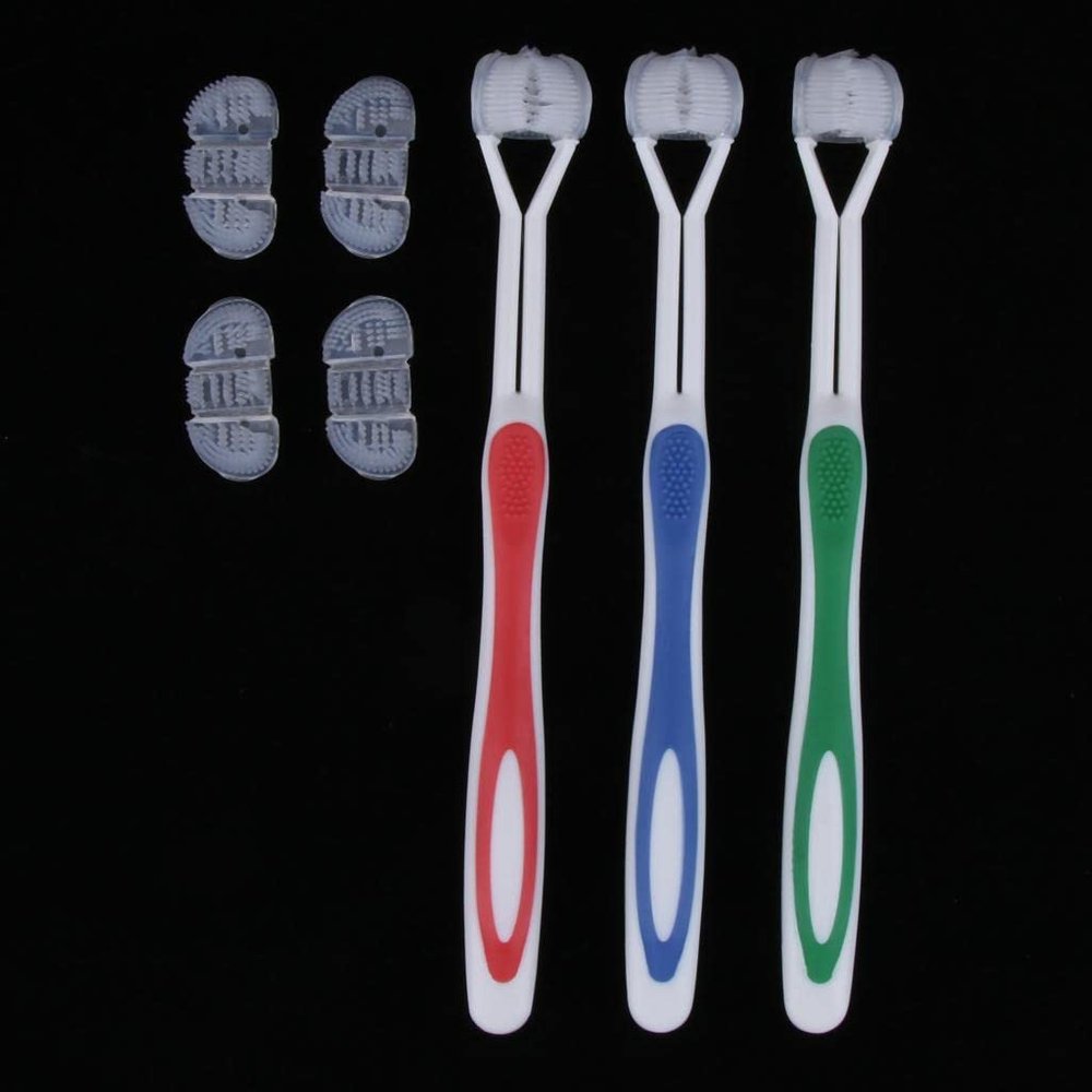 Pack of 3pcs, 3 Sided Deep Clean Whitening Soft Toothbrushes with 4 Brush Heads Replacement