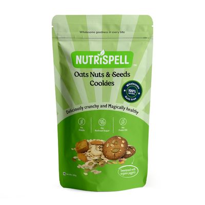 Nutrispell Oats Nuts & Seeds Cookies | Healthy Oats Jaggery Cookies for Kids and Adults | No Maida No Sugar | Loaded with Almonds, Cashews, Pistachios and Seeds | High Fibre High Protein | 150g