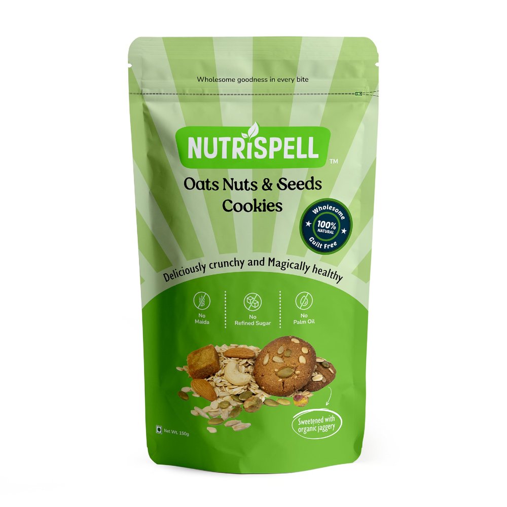 Nutrispell Oats Nuts & Seeds Cookies | Healthy Oats Jaggery Cookies for Kids and Adults | No Maida No Sugar | Loaded with Almonds, Cashews, Pistachios and Seeds | High Fibre High Protein | 150g