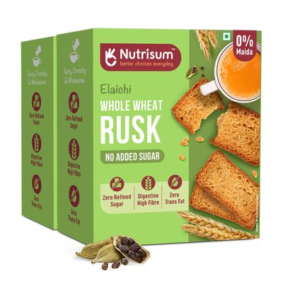 Nutrisum Premium Whole Wheat Rusk Elaichi (Cardamom) Flavour, High Fiber, Refined Sugar Free, Tea Toasts 180 Gms (Pack Of 2)