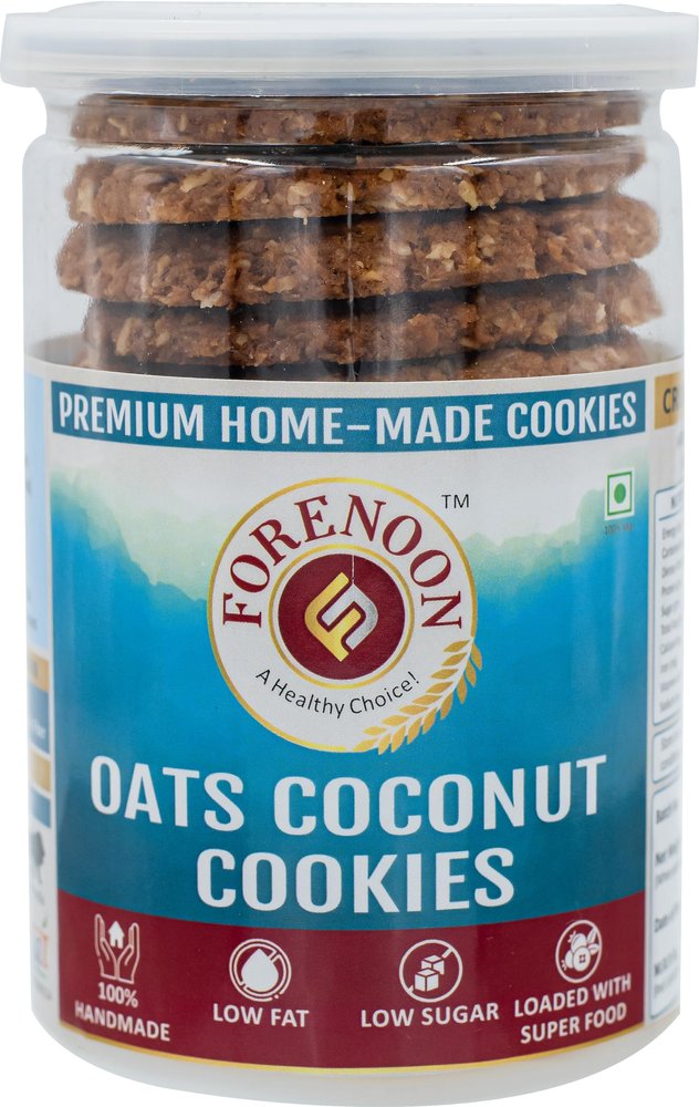 Fore Noon Coconut Oats Cookies | High Fiber Homemade & Handmade Digestive Biscuits | Low Sugar & Low Fat | Crunchy Tea Time Snack | 0% Maida, 0% Refined Sugar, 0% Trans fat & Cholesterol, 0% Palm Oil, 0% Artifical Colours & Flavours, 0% Preservatives