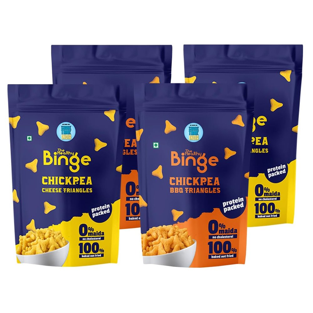 The Healthy Binge Chickpea Protein Triangle Chips | As seen on Shark Tank India | BBQ & Cheese Flavour | High Protein & Fiber | Family Size Packs 60g X 4 Nos