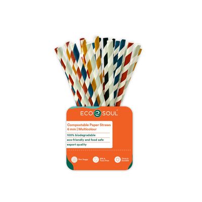 ECO SOUL [6 MM, 100 Count] Biodegradable Multicolor Paper Straws | Disposable Drinking Rainbow Eco-Friendly Compostable Paper Straws | Cocktail Cold Drink Juice Smoothie Non-Bendable Straws (Regular)