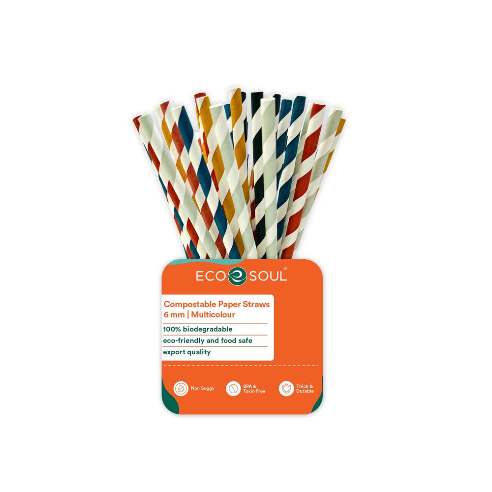 ECO SOUL [6 MM, 100 Count] Biodegradable Multicolor Paper Straws | Disposable Drinking Rainbow Eco-Friendly Compostable Paper Straws | Cocktail Cold Drink Juice Smoothie Non-Bendable Straws (Regular)
