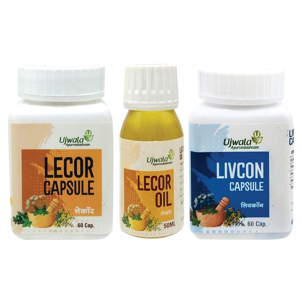 Ujwala Ayurvedashram Lecor capsule, Livcon Capsule and Lecor Oil Combi Kit For Leucoderma, Vitiligo and White patches(3 Items in the set), 3 count