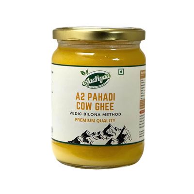 Aadhyaa A2 Pahadi (Badri) Cow Ghee - Vedic Bilona Method, Hand Churned, Pure Cow Ghee from Himalayan Free Grazing Cows - Authentic Flavor and Healthful Goodness (500ml Pack)