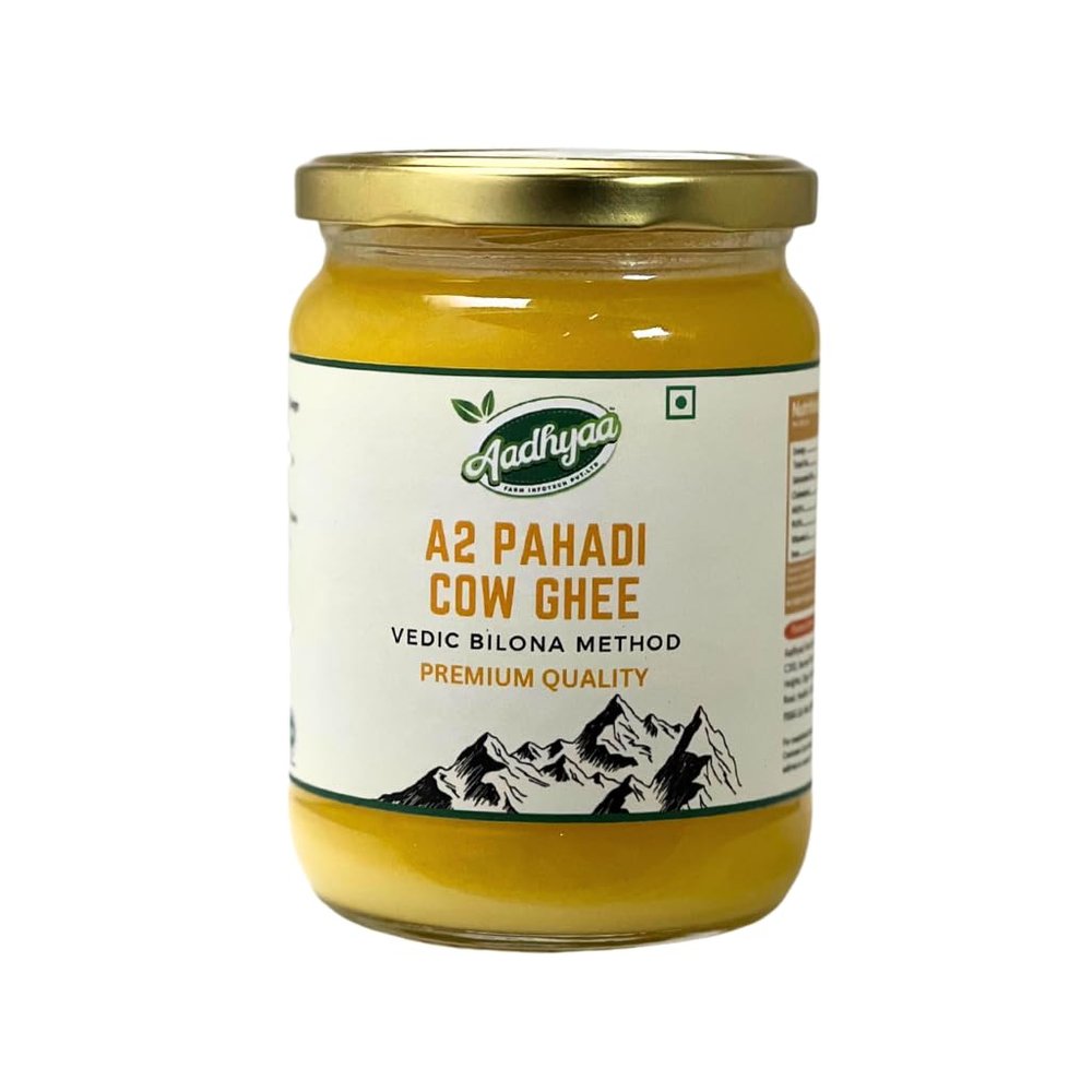 Aadhyaa A2 Pahadi (Badri) Cow Ghee - Vedic Bilona Method, Hand Churned, Pure Cow Ghee from Himalayan Free Grazing Cows - Authentic Flavor and Healthful Goodness (500ml Pack)