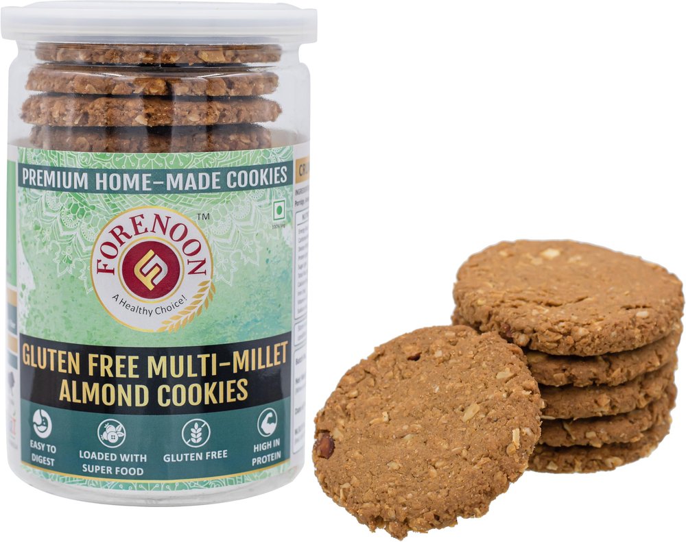 Fore Noon Multi-Millet Gluten-Free Almond Cookies | High Fiber Multi-Grain Biscuit | Made with Organic Jaggery, Cow Ghee & Rock Salt | Low Fat & Sugar | Healthy Snack for Kids & Adults | 100% Natural Ingredients | 178g Pack of 1