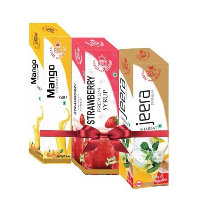 Royal Raj Mango Syrup, Strawberry Syrup for Natural Refreshing Drink and Immunity Booster | Jeera Sharbat Squash And Beverage | Blend of Natural Immunity Booster (Pack of 3, 750ML)