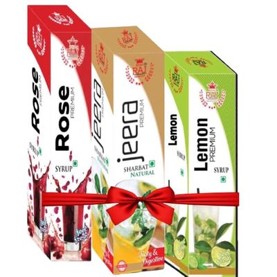 Royal Raj Rose Syrup, Lemon Syrup for Natural Refreshing Drink and Immunity Booster | Jeera Sharbat Squash And Beverage | Blend of Natural Immunity Booster and Support Digestion (Pack of 3, 750ML)