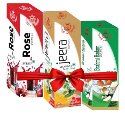 Royal Raj Rose Syrup, Brahmi Badam Sharbat for Natural Refreshing Drink | Jeera Sharbat Squash And Beverage | Blend of Natural Immunity Booster and Support Digestion (Pack of 3, 750ML)