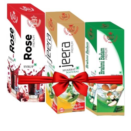 Royal Raj Rose Syrup, Brahmi Badam Sharbat for Natural Refreshing Drink | Jeera Sharbat Squash And Beverage | Blend of Natural Immunity Booster and Support Digestion (Pack of 3, 750ML)