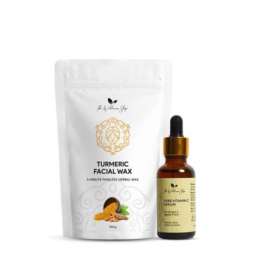 The Wellness Shop Turmeric Facial Wax Powder- (100g), 5 Min Painless, No chemicals - No Irritation, No Skin rashes | Pure Vitamin C Serum- (30ml) for Women, Bright and Radiant Skin Combo Pack of 2