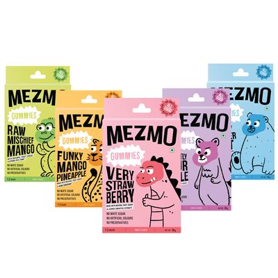 MEZMO soft jelly healthy n yummy candy with natural fruit sugar 240gms 60 jellies (Pack of 5) - Strawberry,Mango Pineapple,Peppermint,Raw Mango,Sour Apple