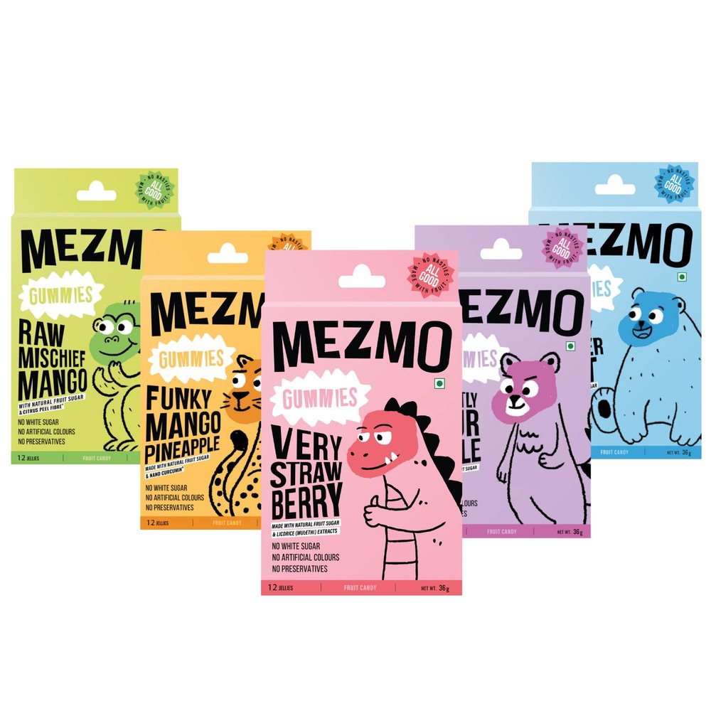 MEZMO soft jelly healthy n yummy candy with natural fruit sugar 240gms 60 jellies (Pack of 5) - Strawberry,Mango Pineapple,Peppermint,Raw Mango,Sour Apple