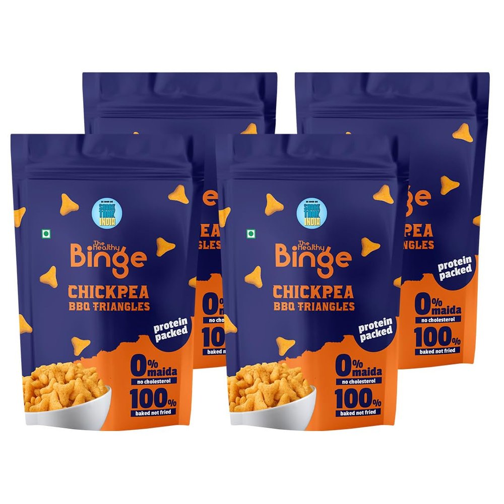 The Healthy Binge Chickpea Protein Triangle Chips | As seen on Shark Tank India | BBQ Flavour | High in Protein & Fiber | No MSG | Family Size Packs 60g X 4 Nos