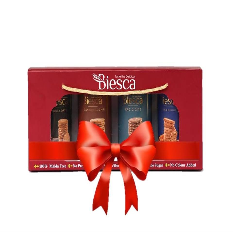 Biesca Assorted Handmade Cookies Gift Pack (Pack of 4) 680g - Besan Chocochip, Crispy Almonds, Dark Choco Oats, MULTIGRAIN