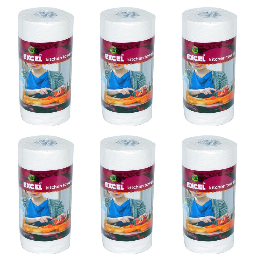 EXCEL TISSUES Soft & Absorbent Kitchen Tissue Roll Ideal for Cooking, Cleaning & Everyday Use (Pack of 6) 250g Each