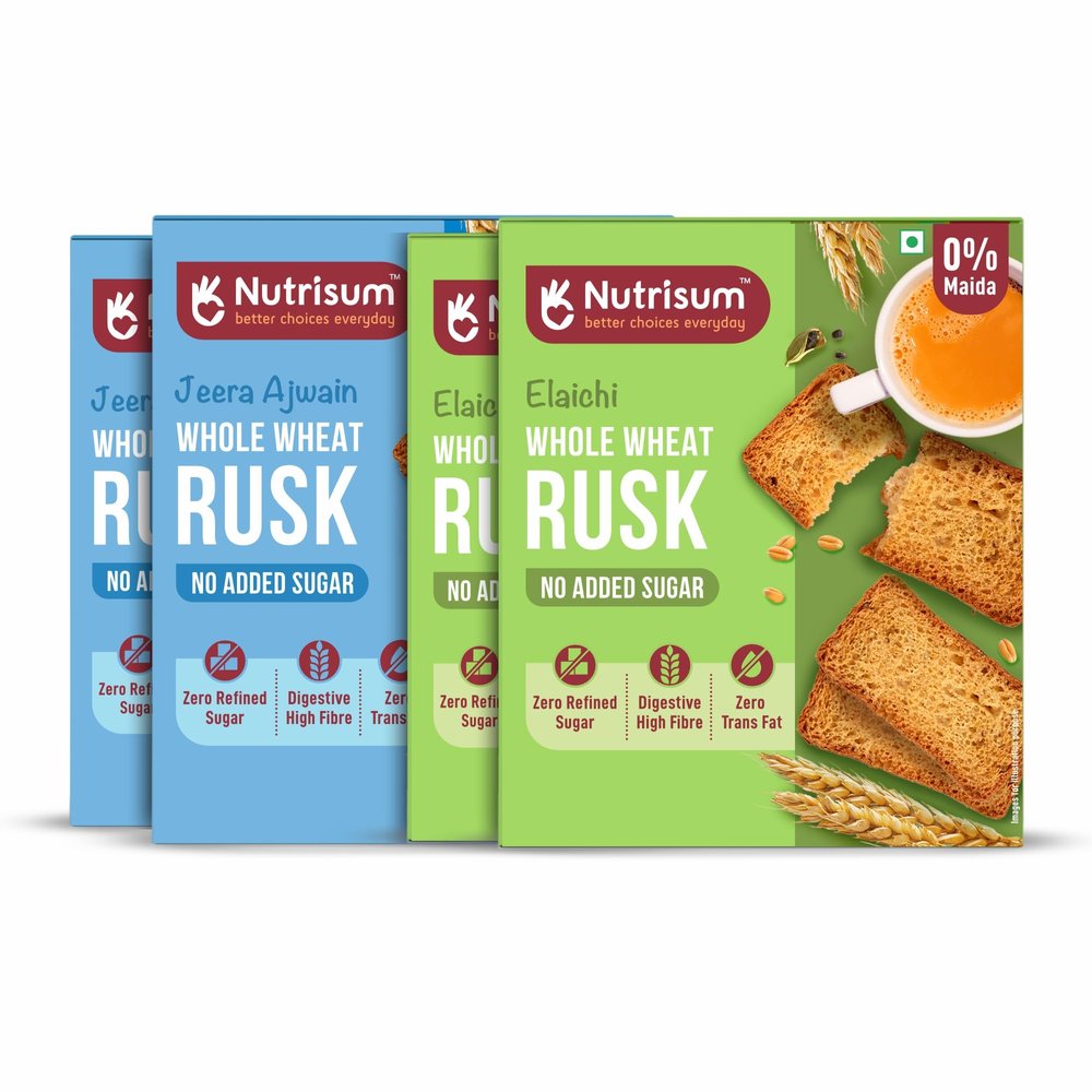 Nutrisum Premium Whole Wheat Rusk Jeera, Ajwain & Elaichi Flavour Combo, High Fiber, Refined Sugar Free, Tea Toasts 180 gms (Pack of 4)