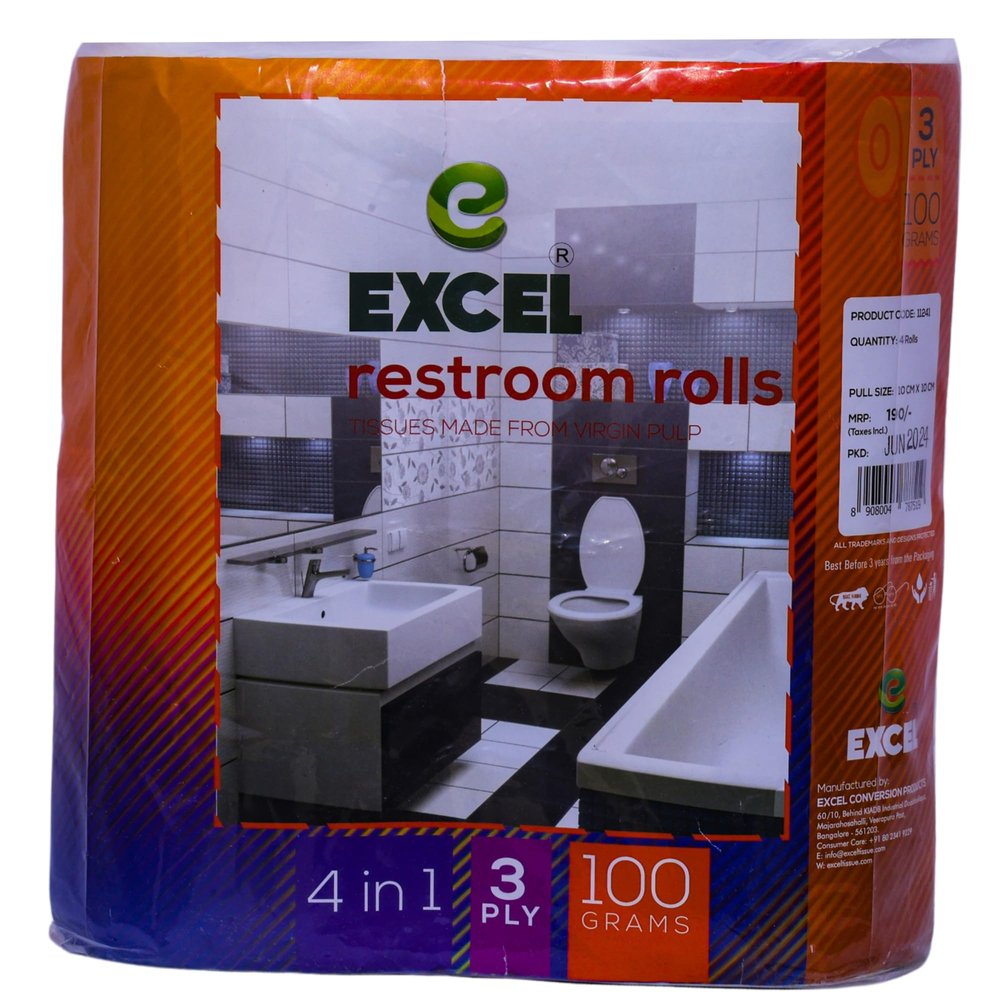 EXCEL TISSUES Toilet Rolls/Jumbo Washroom Tissue Rolls Soft, Strong & Absorbent, Hygienic Bathroom Tissue for Daily Use (Pack of 4) (2 Ply Pullz-10cmx10cm) (450 Pulls)