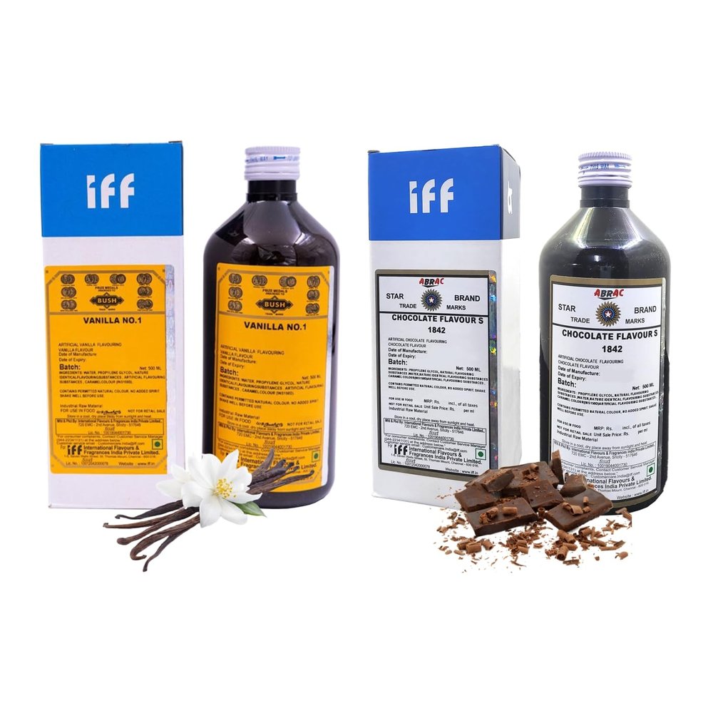 IFF Vanilla No.1 and Chocolate 1842 Flavour/Essence combo pack (Used in Ice Creams, Cakes, Chocolates, Sweets, Marzipan, Confectioneries, Cookies, Milkshakes etc)- 500 ML Pack of 2