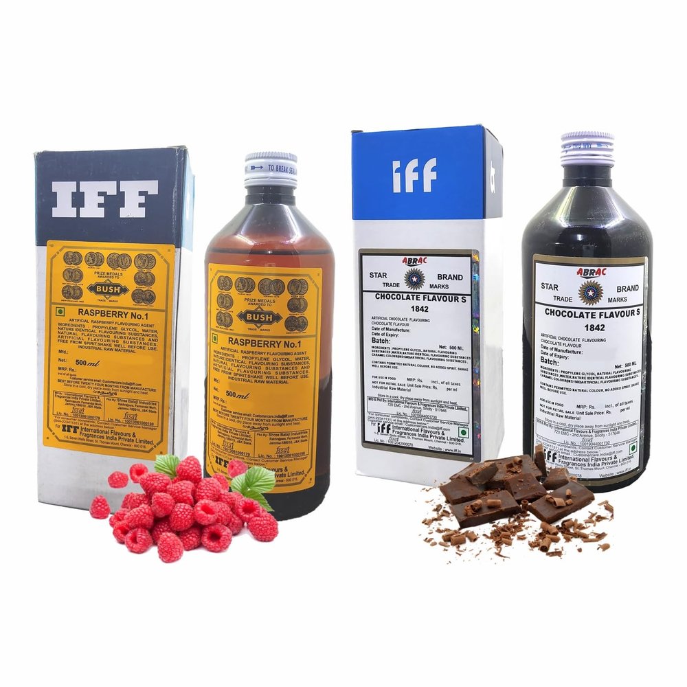 IFF Chocolate 1842 and Raspberry No.1 Flavour/Essence combo pack (Used in Ice Creams, Cakes, Chocolates, Sweets, Marzipan, Confectioneries, Cookies, Sherberts, Milkshakes etc)- 500 ML Pack of 2