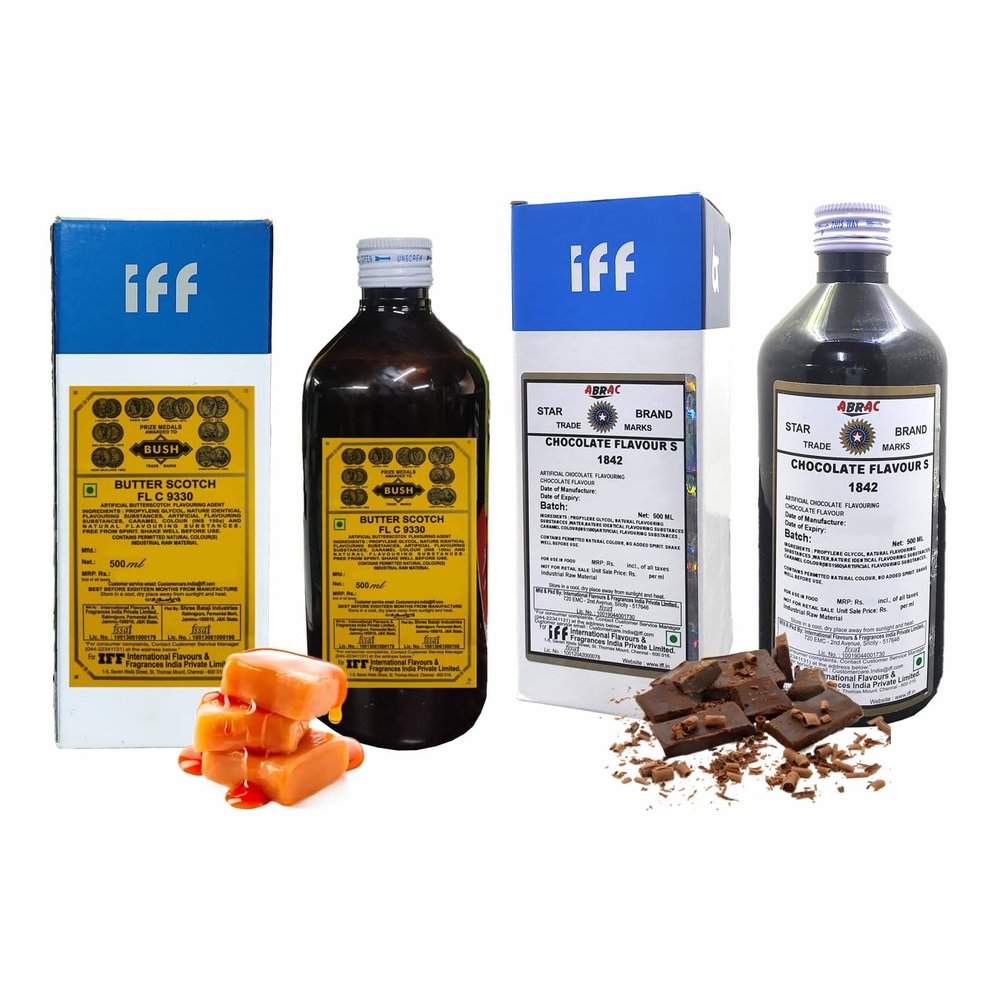 IFF Butterscotch 9330 and Chocolate 1842 Flavour/Essence combo pack (Used in Ice Creams, Cakes, Chocolates, Sweets, Marzipan, Confectioneries, Cookies, Sherberts, Milkshakes etc)- 500 ML Pack of 2