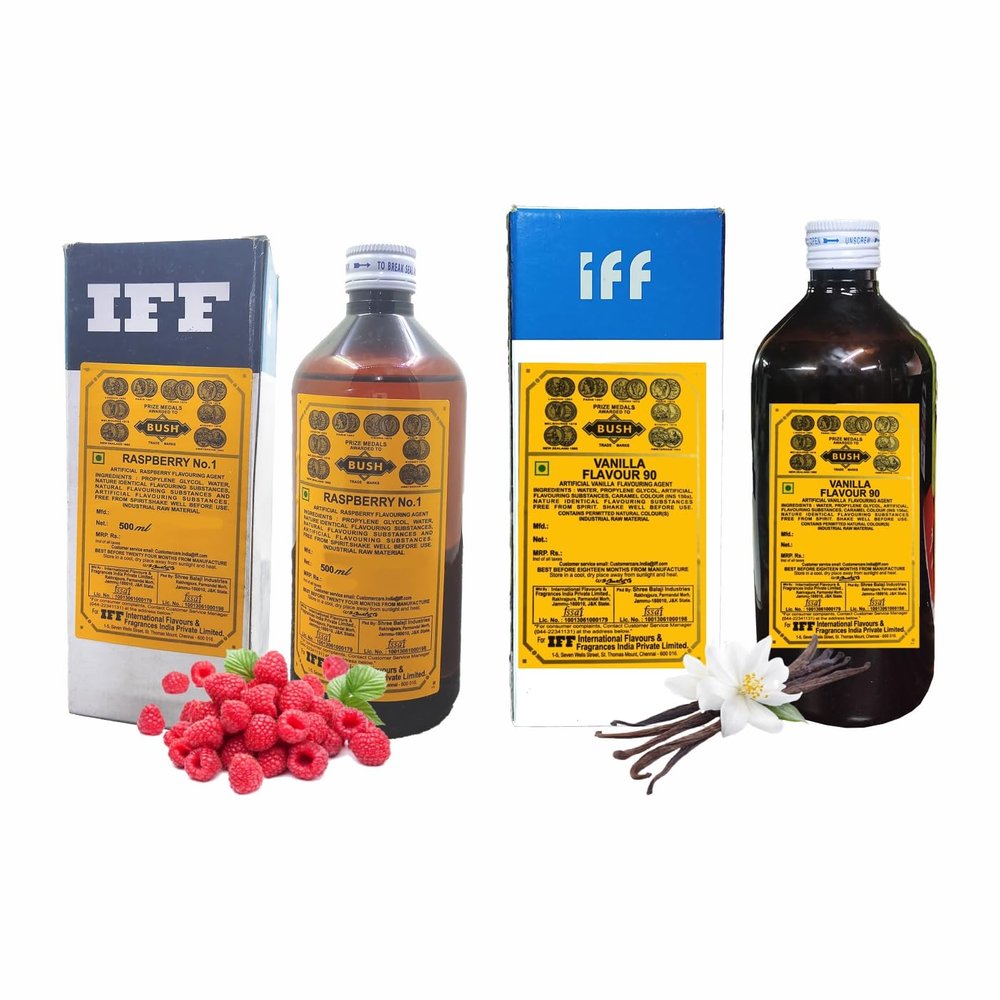 IFF Vanilla 90 and Raspberry No.1 Flavour/Essence combo pack (Used in Ice Creams, Cakes, Chocolates, Sweets, Marzipan, Confectioneries, Cookies, Sherberts, Milkshakes etc)- 500 ML Pack of 2
