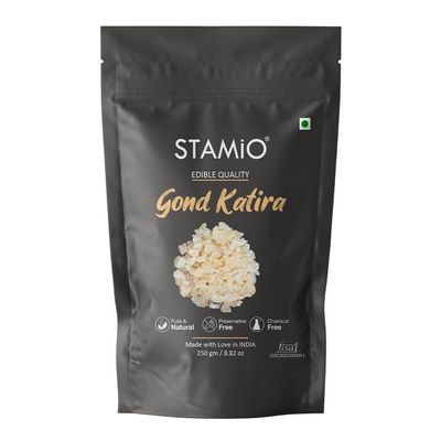STAMIO Gond Katira Pure 250 gm for Eating - Edible | Tragacanth Gum Kathila | High Cooling Properties Herbal Food | Super Food | In Pouch 8.82 oz