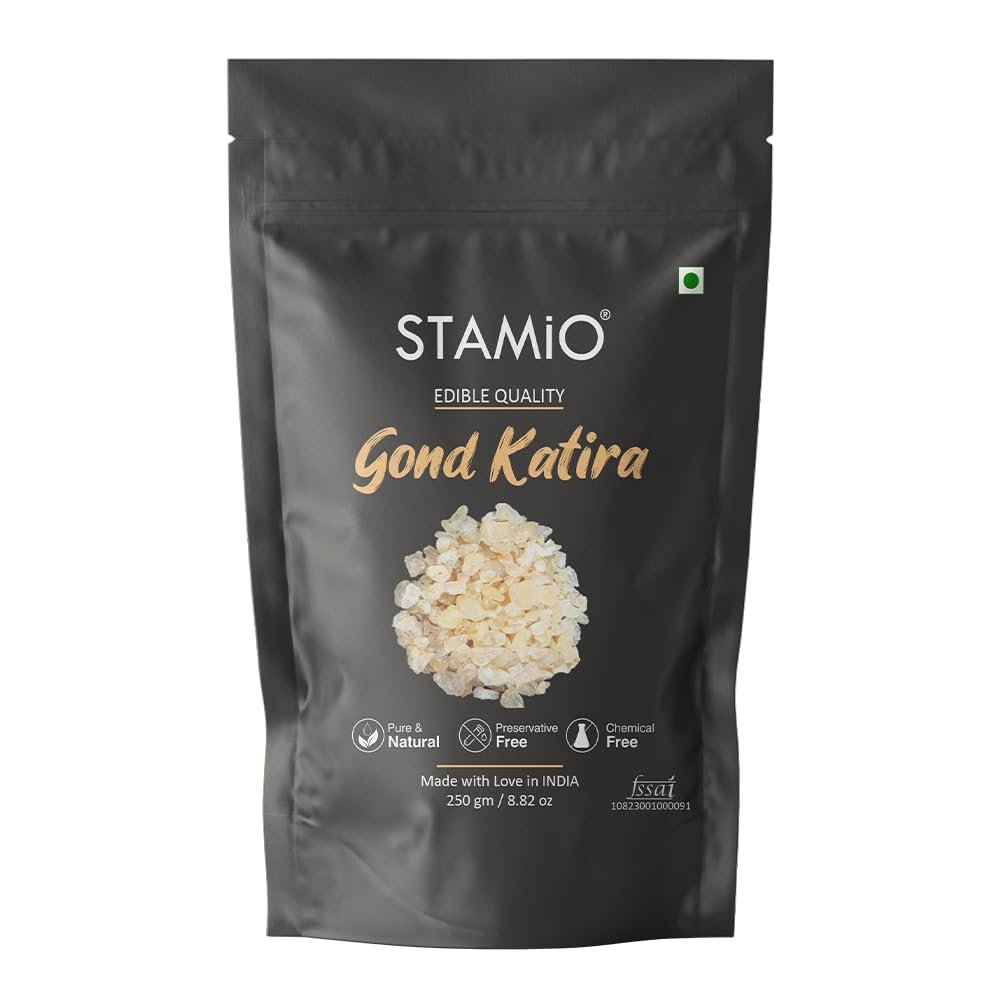 STAMIO Gond Katira Pure 250 gm for Eating - Edible | Tragacanth Gum Kathila | High Cooling Properties Herbal Food | Super Food | In Pouch 8.82 oz