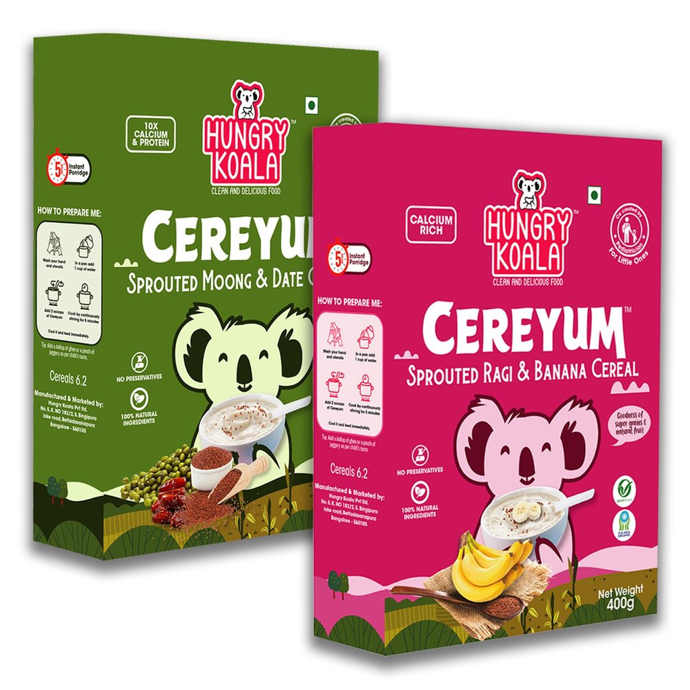 HUNGRY KOALA Cereal Made With Natural Ingridients Sprouted Moong Dates Ragi & Banana For Kids To Grow Healthy No Preservative Or Additives Or Maida 250 Grams Pack Of 2
