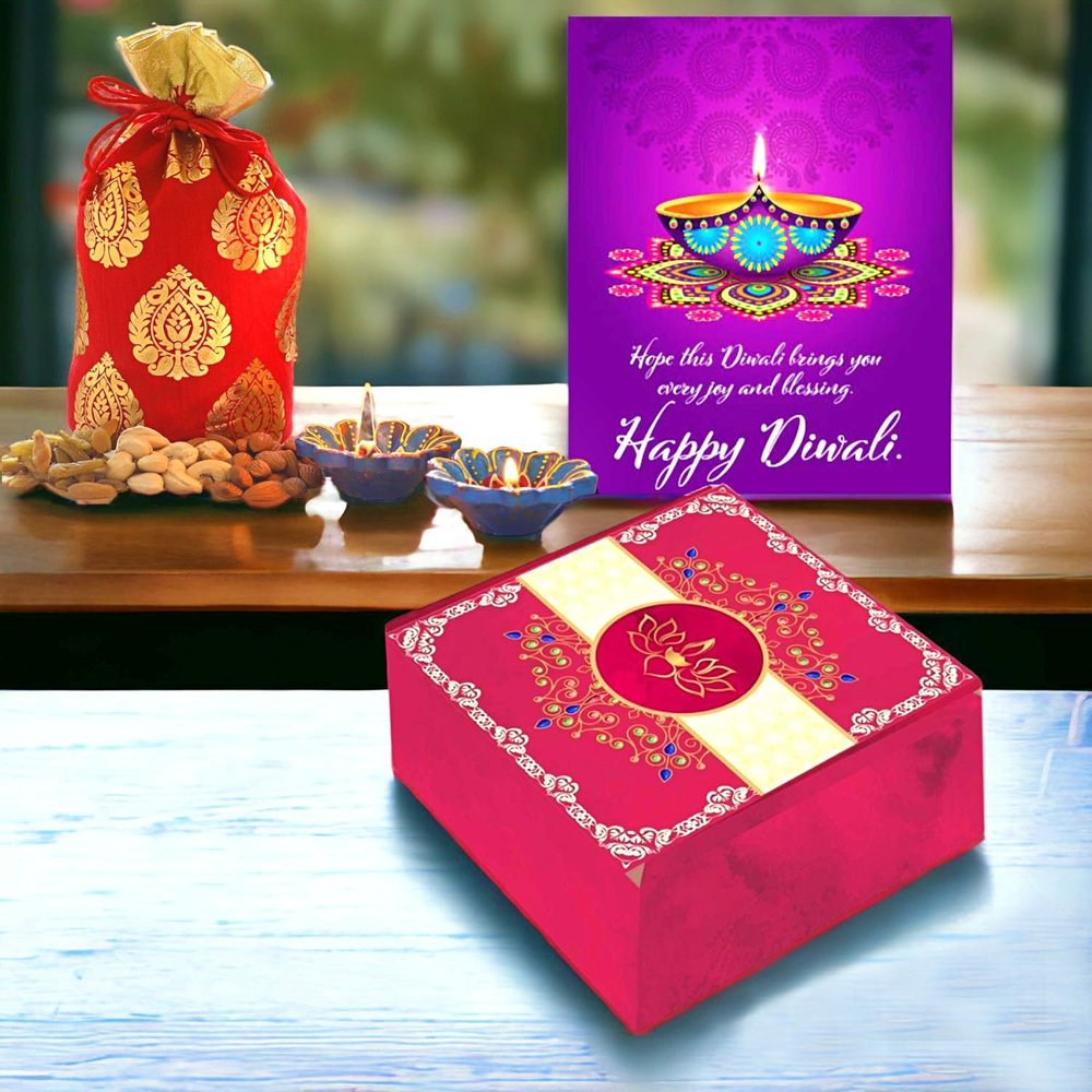 BayNut Diwali Premium Hampers for gifting with diwali card (A8) 200gm mix dryfruits,2 diyas and diwali card