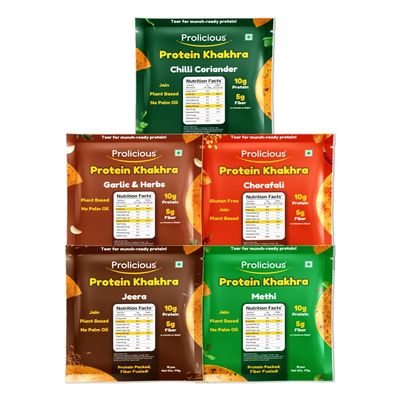 Prolicious Classic Khakhra Combo | Crispy Roasted Khakhra Snacks | Healthy Indian Snack Combo | High Fibre & Crunchy Tea-Time Snack | No Maida (Pack of 5, 170g each)