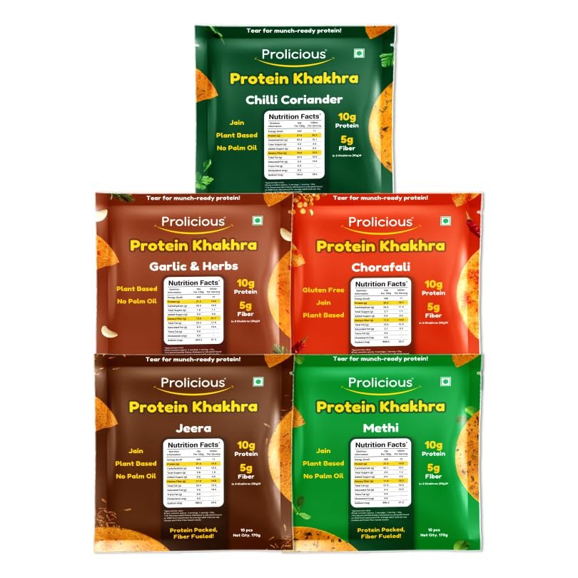 Prolicious Classic Khakhra Combo | Crispy Roasted Khakhra Snacks | Healthy Indian Snack Combo | High Fibre & Crunchy Tea-Time Snack | No Maida (Pack of 5, 170g each)