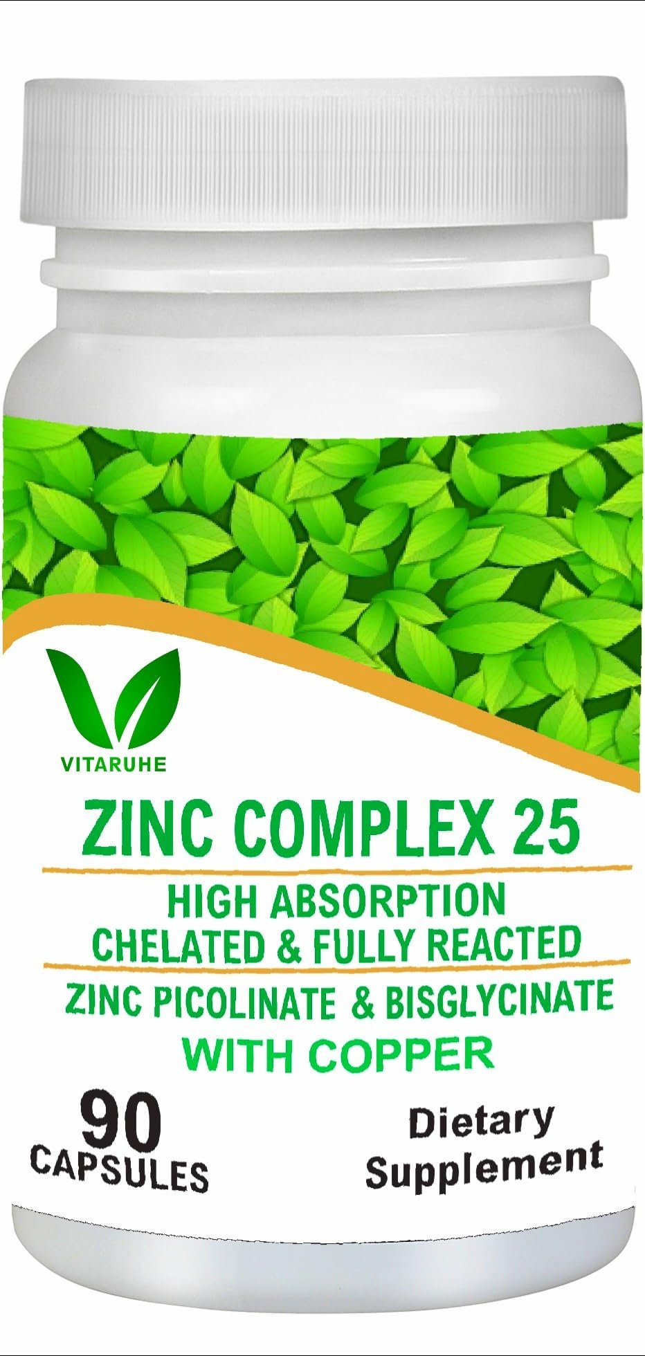 VITARUHE Chelated Zinc (Pack of 2) Picolinate & Bisglycinate Complex with Copper, Zinc for Immune, Skin and Cellular Health, High Absorption, Non-GMO, 180 Capsules (2)