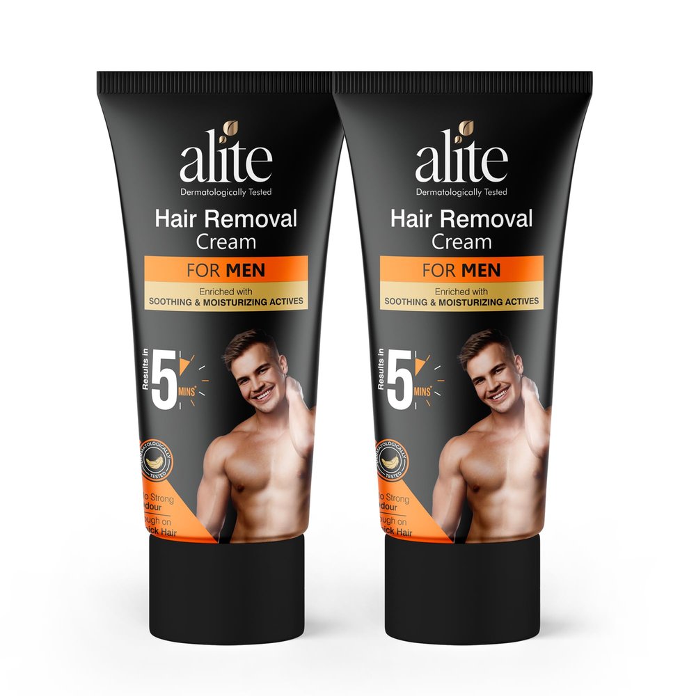 Alite Hair Removal Cream for Men with Aloe Vera & Vitamin E | Dermatologically Tested for Sensitive Skin | Hair Remover for Chest, Back, Underarms, Body & Groin Area | Paraben-Free | 60g Each Pack of 2