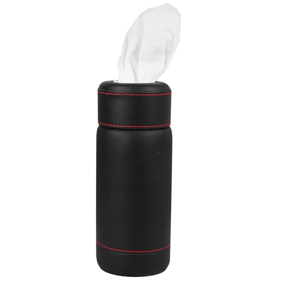 D'HIDES Car Tissue Paper Holder - Cylinder Tissue Box PU Leather Round Tissues Container Fit for Car and Van Cup, Car Cup Holder Car Tissues Box Round Container (Black)