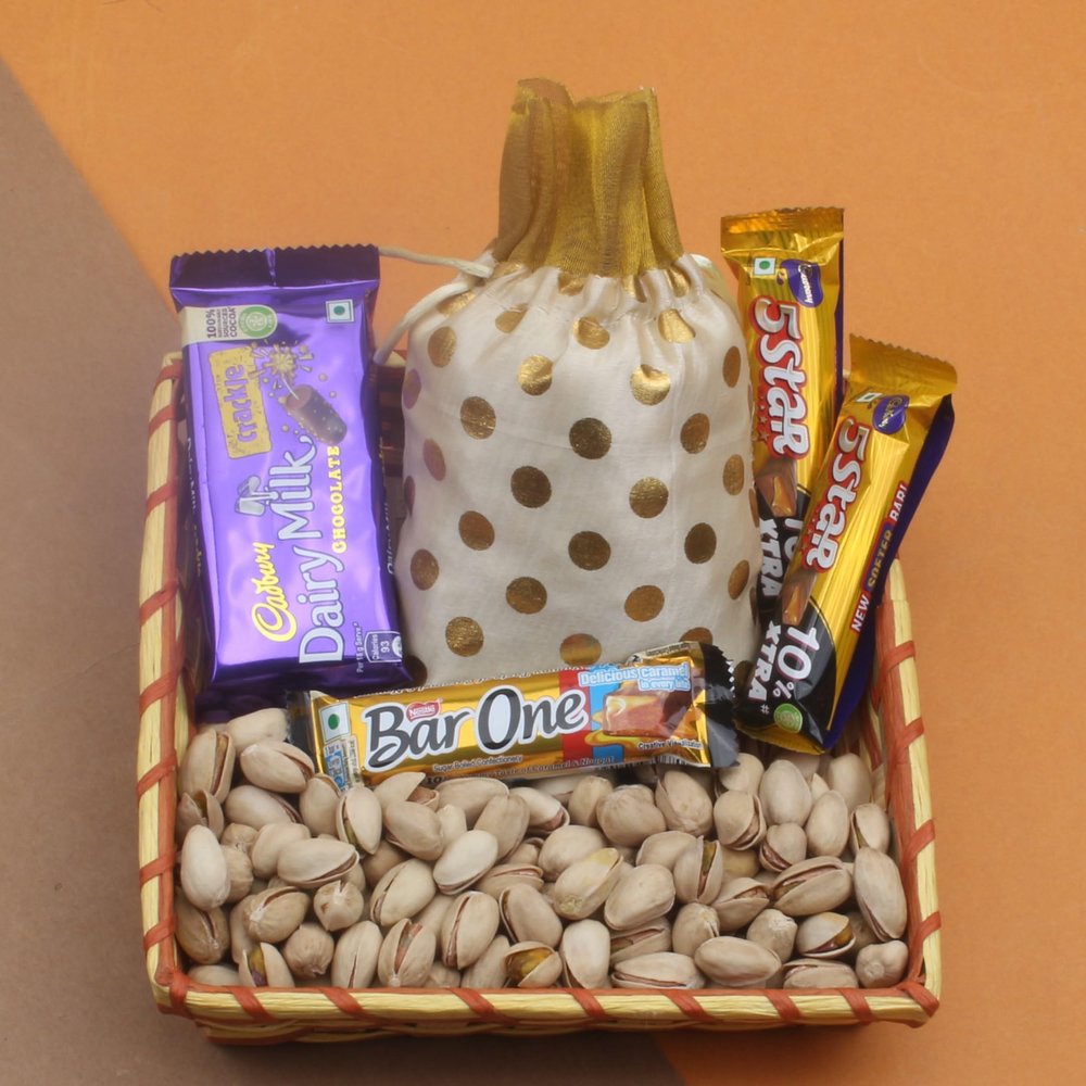 SFU E Com Crunchy Chocolate With Pistachios and Decorative Potli | Ideal for Rakhi, Diwali and Festive Gifting | 405