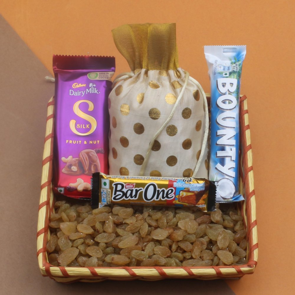 SFU E Com Different flavored of Chocolates With Raisin and Decorative Potli | Ideal for Rakhi, Diwali and Festive Gifting | 499