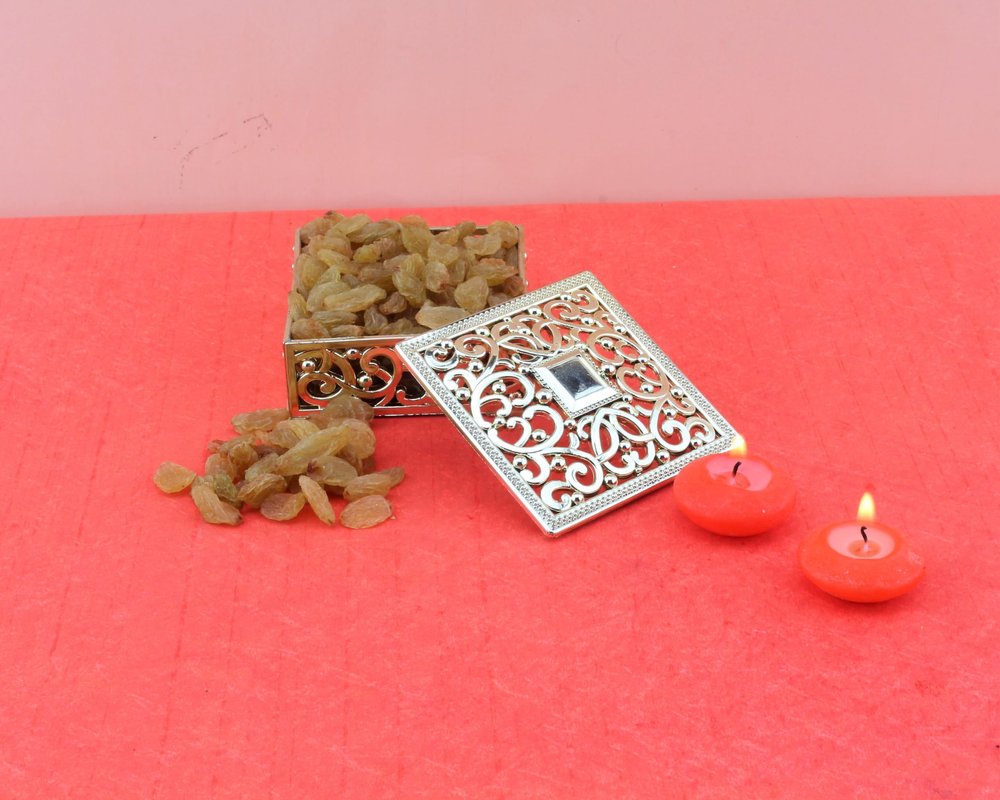 SFU E Com Dry Fruit Gift Hamper With Golden Box And Raisin, 2Pcs. Red Candle | Ideal for Rakhi, Diwali and Festive Gifting | Dry Fruit Hamper For Corporate Gifts, Family, Friends, New year | 075