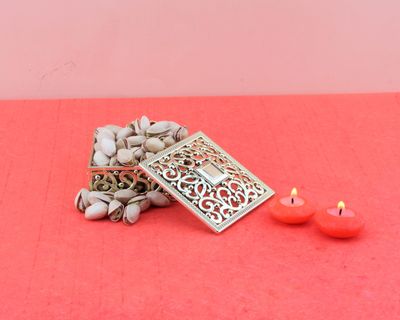 SFU E Com Dry Fruit Gift Hamper With Golden Box And Pistachios, 2Pcs. Red Candle | Ideal for Rakhi, Diwali and Festive Gifting | Dry Fruit Hamper For Corporate Gifts, Family, Friends, New year | 081