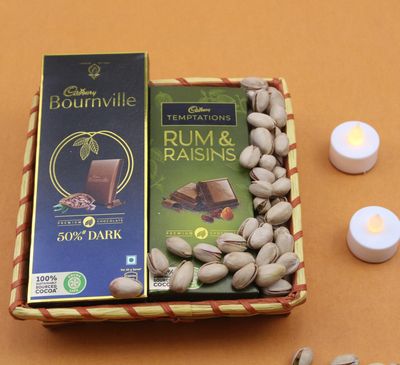 SFU E Com Dry Fruit Hamper Pack with Temptation & Bournville With Some Healthy Pistachios & 2Pcs. LED Diya | Premium Dry Fruit Hamper For Corporate Gifts, Family, Friends, New year | 230