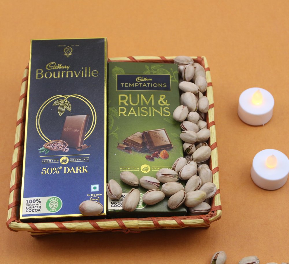 SFU E Com Dry Fruit Hamper Pack with Temptation & Bournville With Some Healthy Pistachios & 2Pcs. LED Diya | Premium Dry Fruit Hamper For Corporate Gifts, Family, Friends, New year | 230