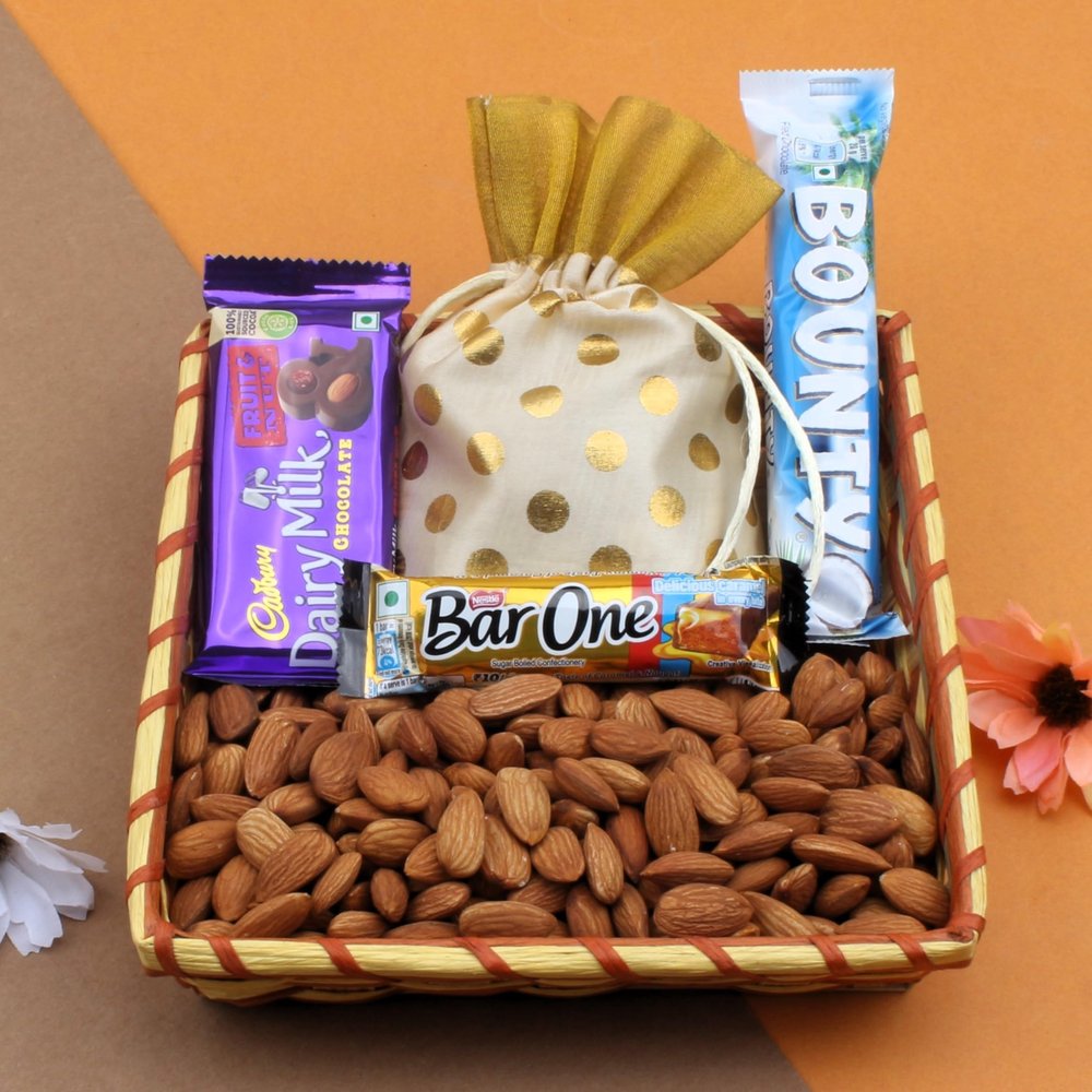 SFU E Com Almond With Decorative Potli & chocolates to give a sweet touch to your gift | Ideal for Rakhi, Diwali and Festive Gifting | 303