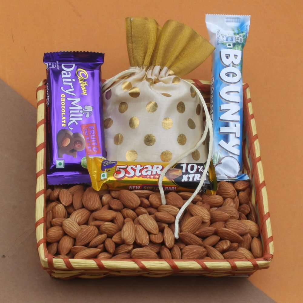 SFU E Com Caramel And Cadbury Fruit Nut Chocolate With Almond and Decorative Potli | Ideal for Rakhi, Diwali and Festive Gifting | 333
