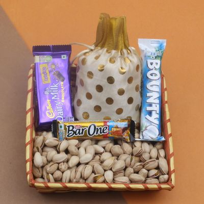 SFU E Com Crunchyness Chocolate With Pistachios and Decorative Potli | Ideal for Rakhi, Diwali and Festive Gifting | 380